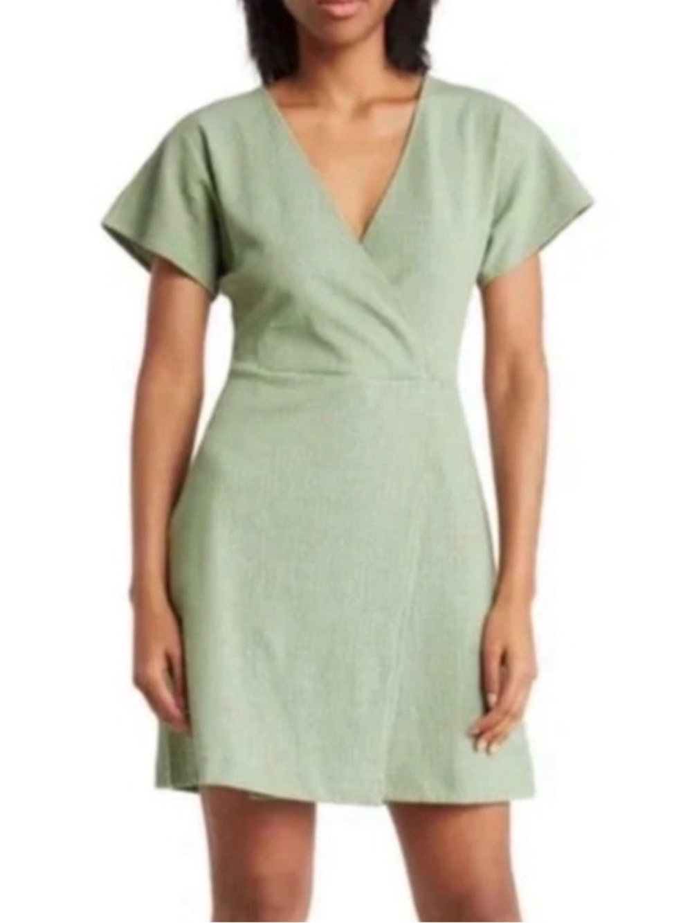 EUC : Madewell sage green short-sleeve faux wrap mini dress size small.